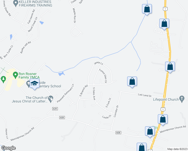 map of restaurants, bars, coffee shops, grocery stores, and more near 5506 South Oaks Avenue in Fredericksburg