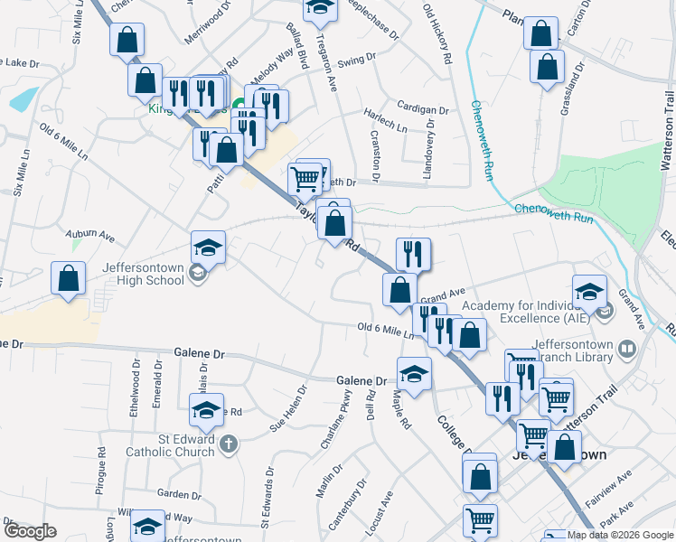 map of restaurants, bars, coffee shops, grocery stores, and more near 3023 Lynnwood Way in Louisville
