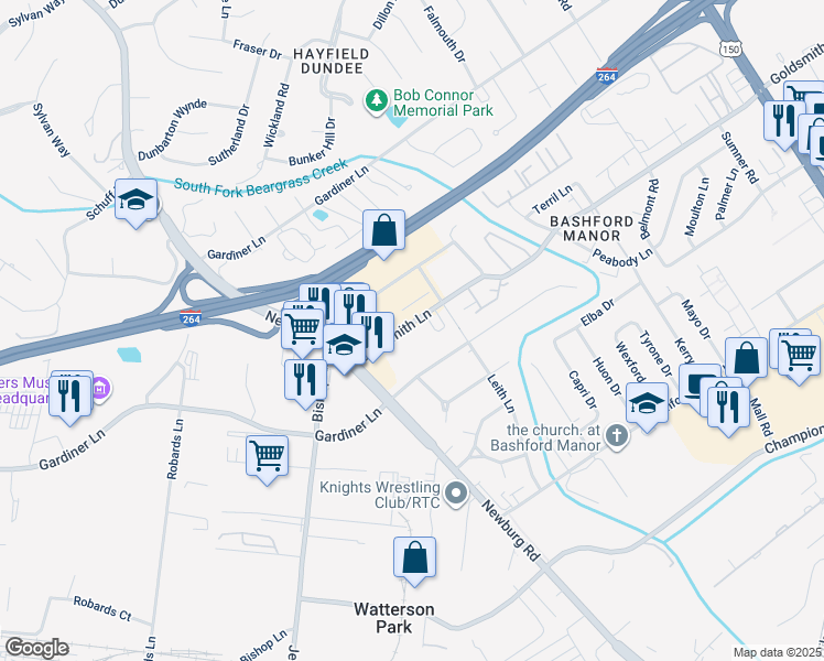 map of restaurants, bars, coffee shops, grocery stores, and more near 1920 Goldsmith Lane in Louisville