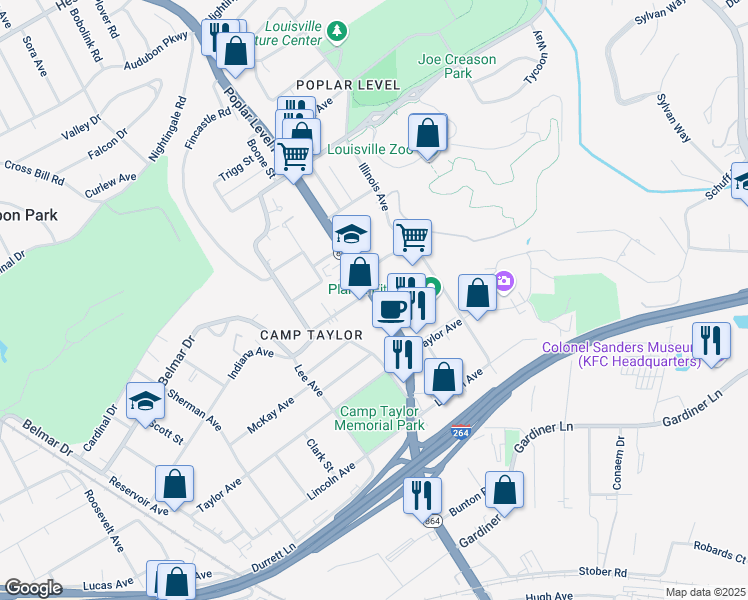 map of restaurants, bars, coffee shops, grocery stores, and more near 4006 Poplar Level Road in Louisville