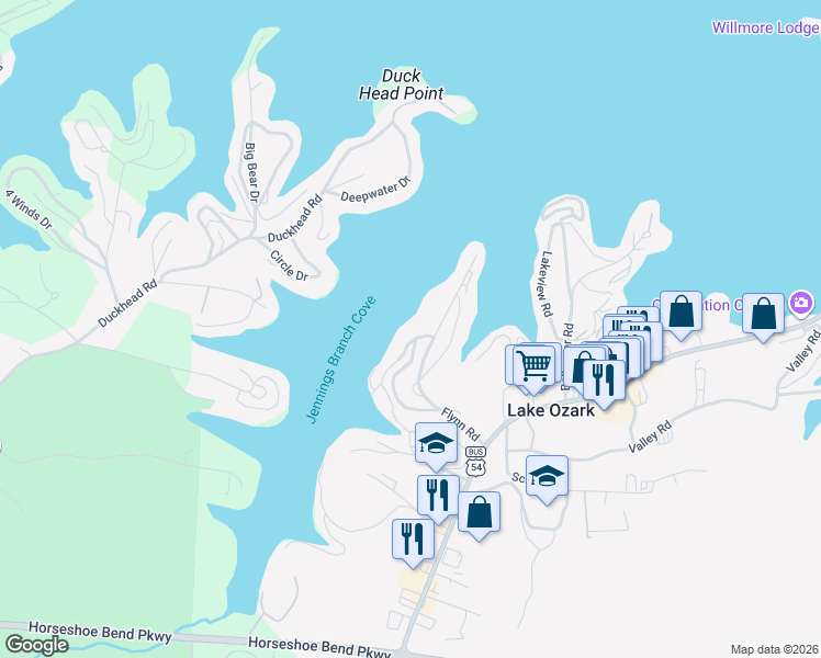 map of restaurants, bars, coffee shops, grocery stores, and more near Westwind Drive in Lake Ozark