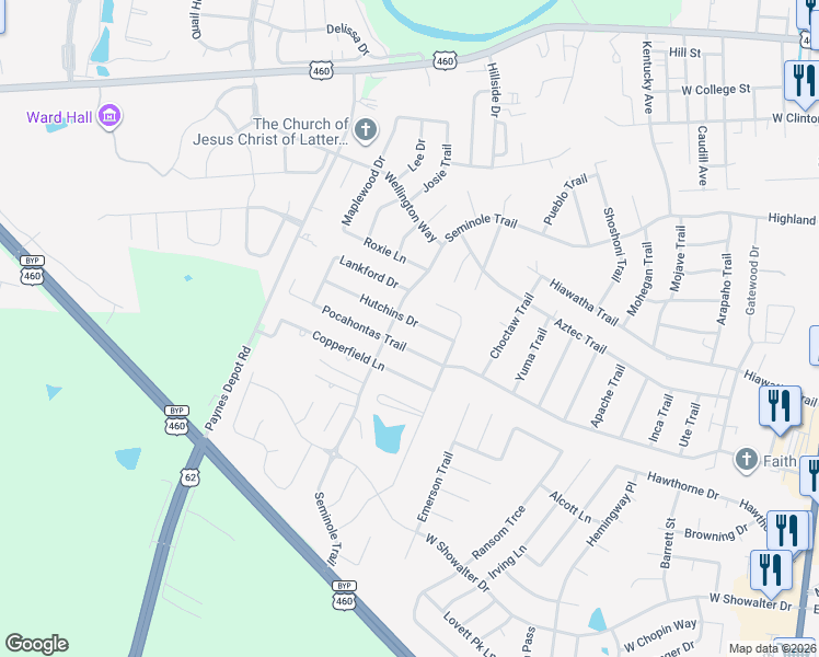 map of restaurants, bars, coffee shops, grocery stores, and more near 710 Pocahontas Trail in Georgetown