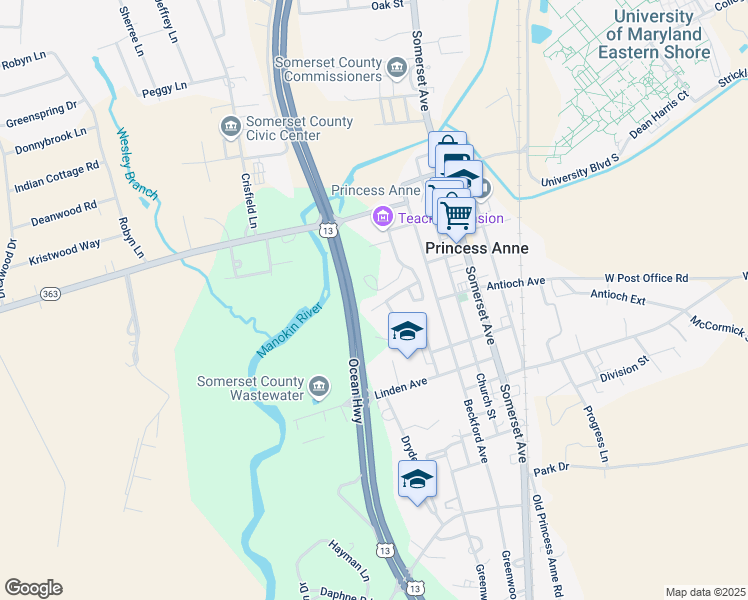map of restaurants, bars, coffee shops, grocery stores, and more near 30426 Plantation Drive in Princess Anne
