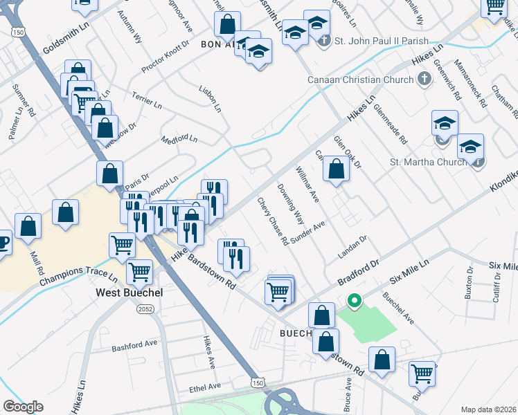 map of restaurants, bars, coffee shops, grocery stores, and more near 3704 Youngwood Road in Louisville