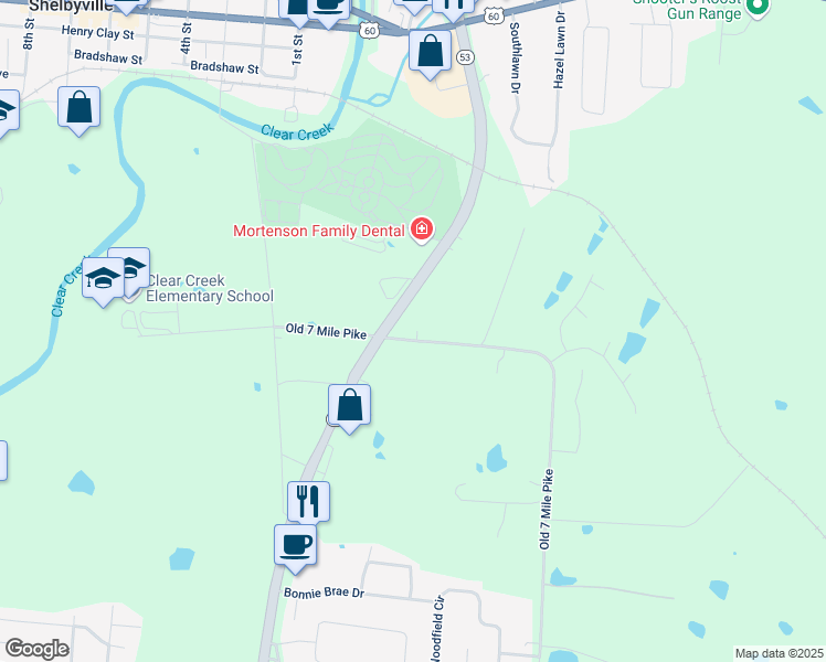 map of restaurants, bars, coffee shops, grocery stores, and more near 451 Old 7 Mile Pike in Shelbyville