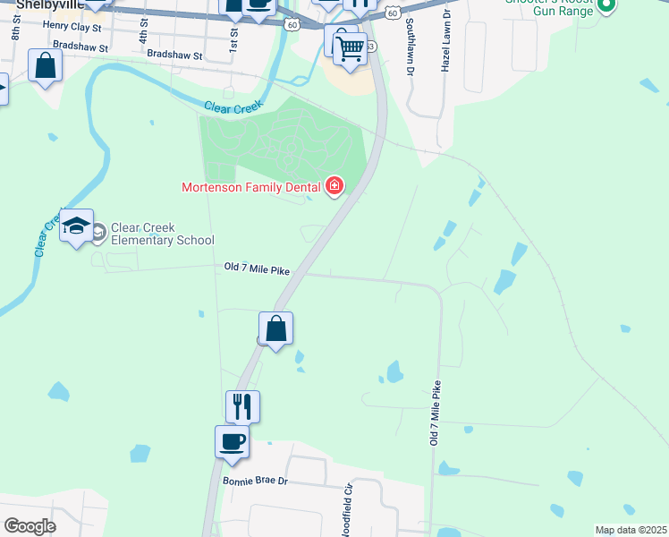 map of restaurants, bars, coffee shops, grocery stores, and more near 460 Old 7 Mile Pike in Shelbyville