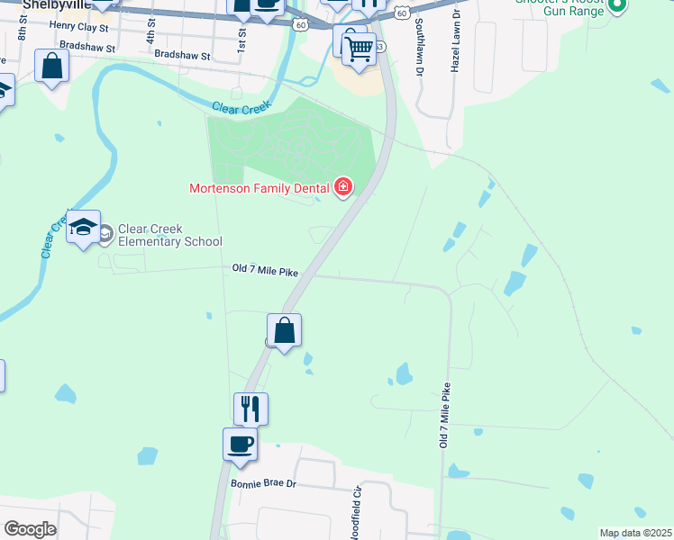 map of restaurants, bars, coffee shops, grocery stores, and more near 450 Old 7 Mile Pike in Shelbyville