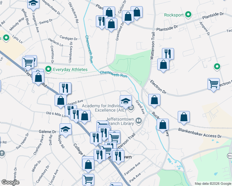 map of restaurants, bars, coffee shops, grocery stores, and more near 10401 Prescott Court in Louisville