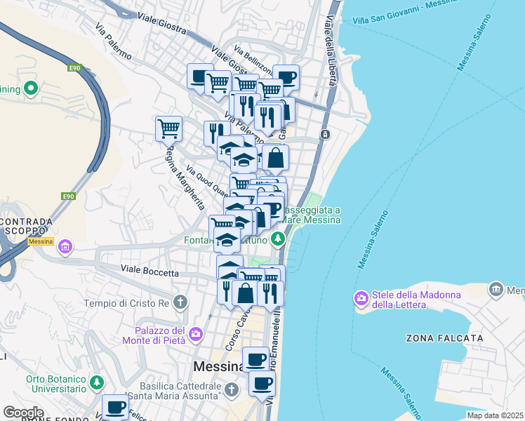map of restaurants, bars, coffee shops, grocery stores, and more near 6 Piazza San Vincenzo in Messina