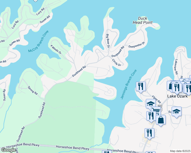 map of restaurants, bars, coffee shops, grocery stores, and more near 110 Greenview Bay Road in Lake Ozark