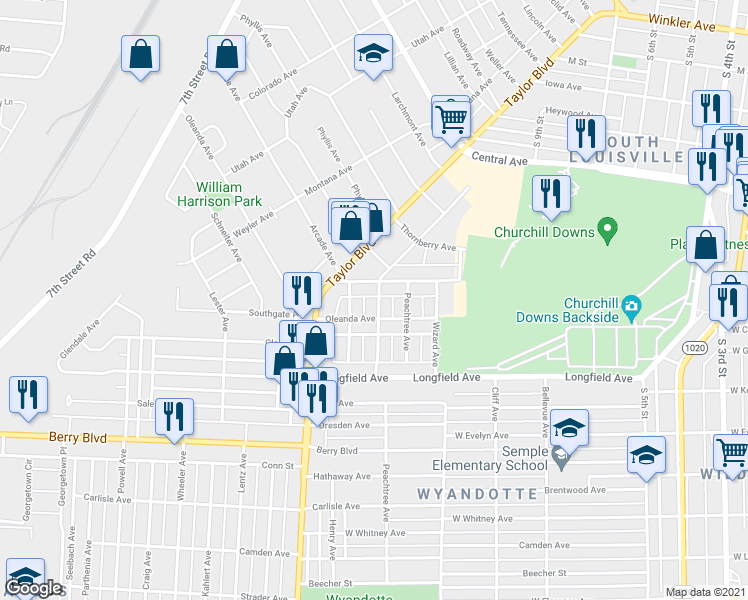 map of restaurants, bars, coffee shops, grocery stores, and more near 3380 Dearcy Avenue in Louisville