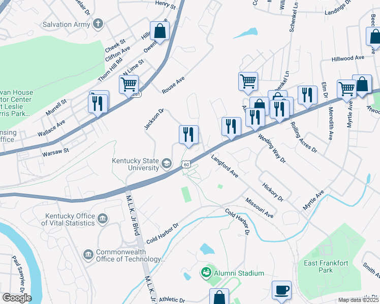 map of restaurants, bars, coffee shops, grocery stores, and more near 400 East Main Street in Frankfort