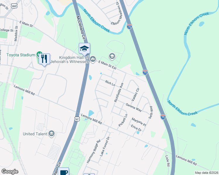 map of restaurants, bars, coffee shops, grocery stores, and more near 113 Rich Lane in Georgetown