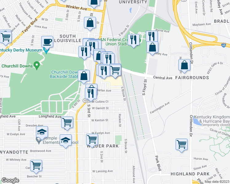 map of restaurants, bars, coffee shops, grocery stores, and more near 122 Harlan Avenue in Louisville