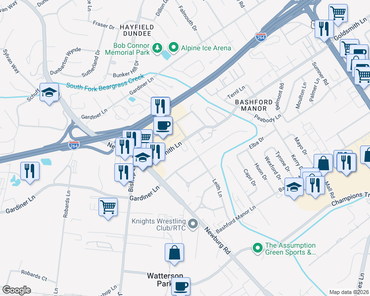 map of restaurants, bars, coffee shops, grocery stores, and more near in Louisville