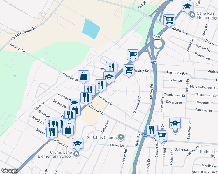 map of restaurants, bars, coffee shops, grocery stores, and more near 4209 Cane Run Road in Louisville