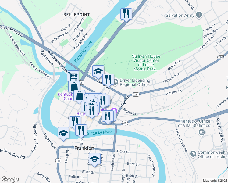 map of restaurants, bars, coffee shops, grocery stores, and more near 200 Mero Street in Frankfort