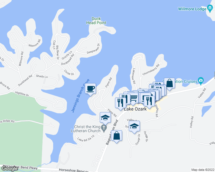 map of restaurants, bars, coffee shops, grocery stores, and more near 300-312 Lk-Rd 54-9 in Lake Ozark
