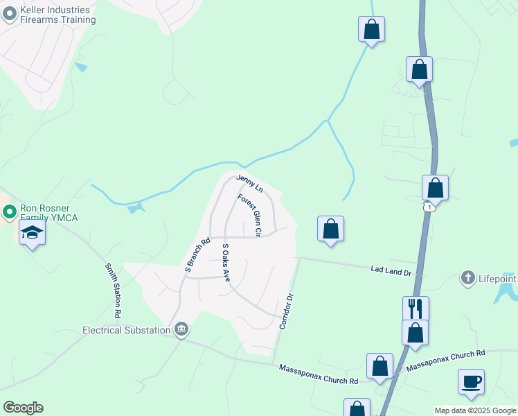 map of restaurants, bars, coffee shops, grocery stores, and more near 8711 Forest Glen Circle in Fredericksburg