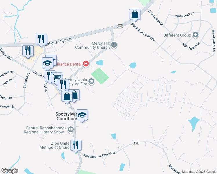 map of restaurants, bars, coffee shops, grocery stores, and more near 8808 Commons Circle in Spotsylvania Courthouse