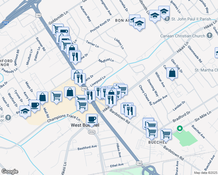 map of restaurants, bars, coffee shops, grocery stores, and more near 3604 Green Meadows Drive in Louisville
