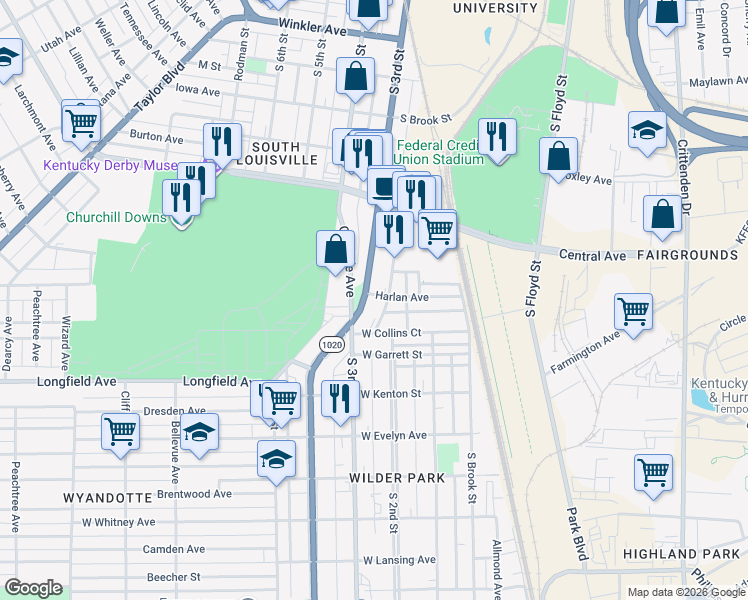 map of restaurants, bars, coffee shops, grocery stores, and more near 3749 Southern Parkway in Louisville