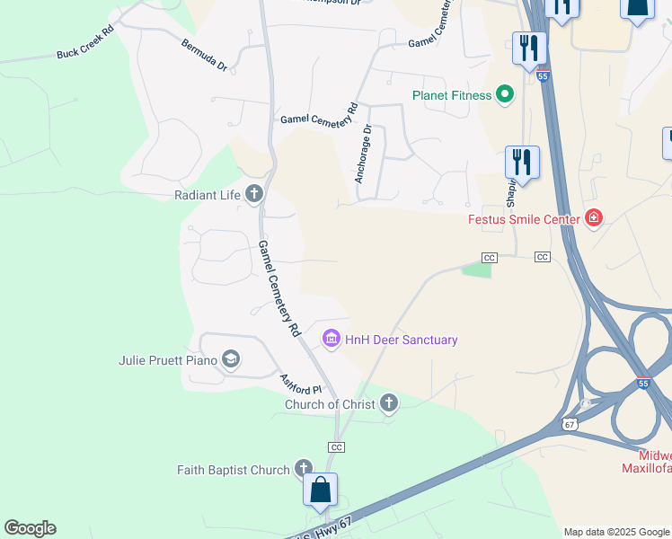 map of restaurants, bars, coffee shops, grocery stores, and more near 706 Brenda Court in Festus