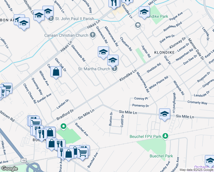 map of restaurants, bars, coffee shops, grocery stores, and more near 2805 Klondike Lane in Louisville