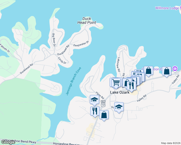 map of restaurants, bars, coffee shops, grocery stores, and more near 275 Flynn Road in Lake Ozark