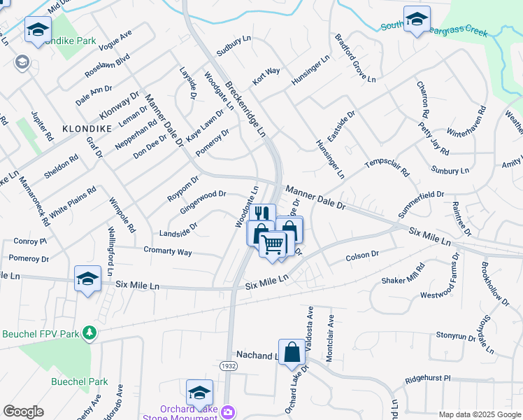 map of restaurants, bars, coffee shops, grocery stores, and more near 3328 Breckenridge Lane in Louisville