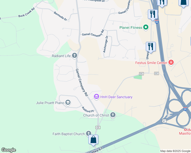 map of restaurants, bars, coffee shops, grocery stores, and more near 706 Brenda Court in Festus