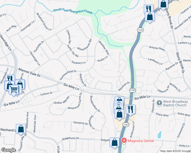 map of restaurants, bars, coffee shops, grocery stores, and more near 3280 Silver Springs Drive in Louisville
