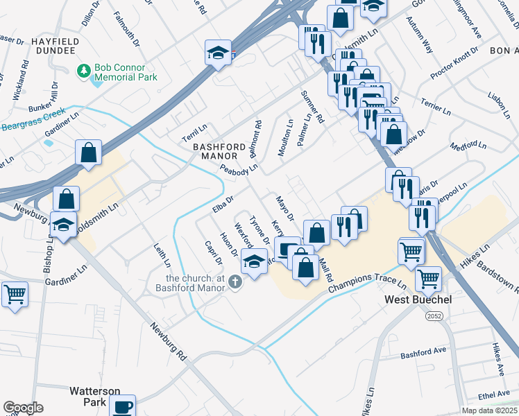 map of restaurants, bars, coffee shops, grocery stores, and more near 3502 Mayo Drive in Louisville