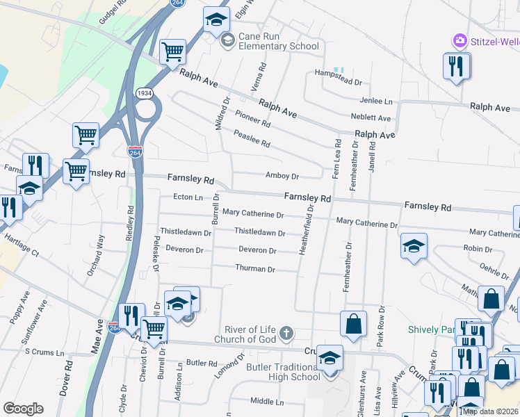 map of restaurants, bars, coffee shops, grocery stores, and more near 2222 Farnsley Road in Louisville
