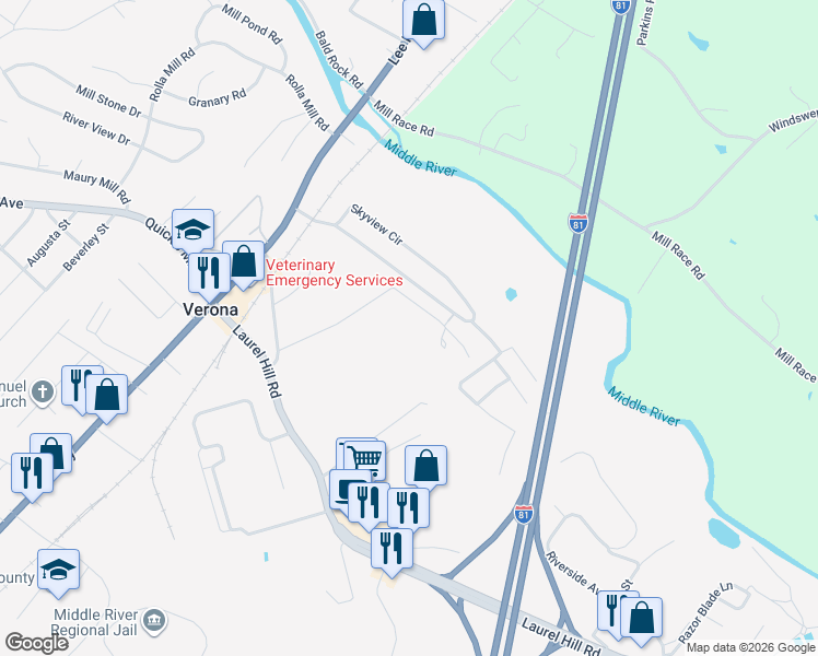 map of restaurants, bars, coffee shops, grocery stores, and more near 135 Skyview Circle in Verona