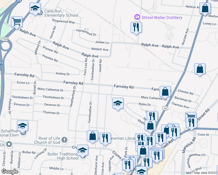 map of restaurants, bars, coffee shops, grocery stores, and more near 1875 Farnsley Road in Louisville