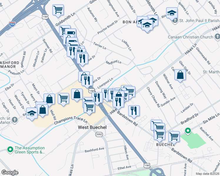 map of restaurants, bars, coffee shops, grocery stores, and more near 2232 Liverpool Lane in Louisville