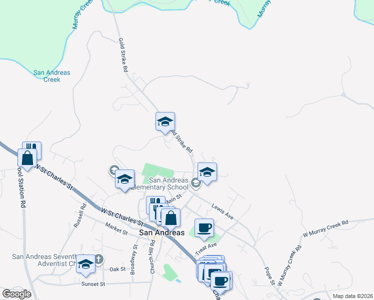 map of restaurants, bars, coffee shops, grocery stores, and more near 400 Gold Strike Road in San Andreas