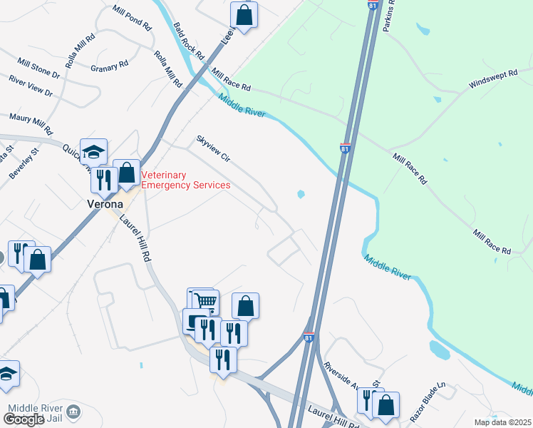 map of restaurants, bars, coffee shops, grocery stores, and more near 177 Skyview Circle in Verona