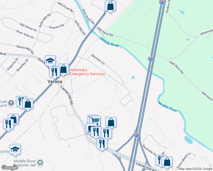 map of restaurants, bars, coffee shops, grocery stores, and more near 135 Skyview Circle in Verona