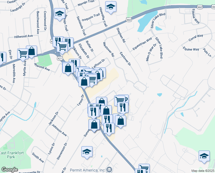 map of restaurants, bars, coffee shops, grocery stores, and more near 800 Forest Hill Drive in Frankfort