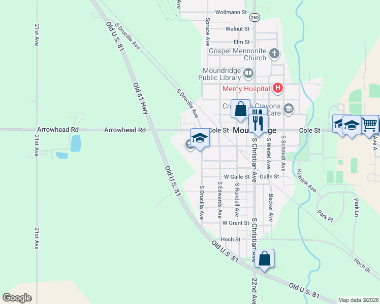 map of restaurants, bars, coffee shops, grocery stores, and more near 117 South Drucilla Avenue in Moundridge
