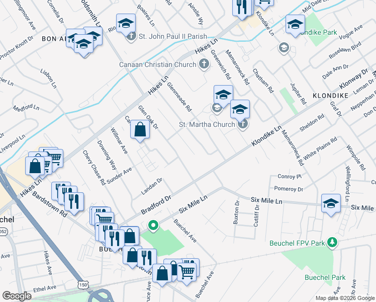 map of restaurants, bars, coffee shops, grocery stores, and more near 3738 Rouge Way in Louisville