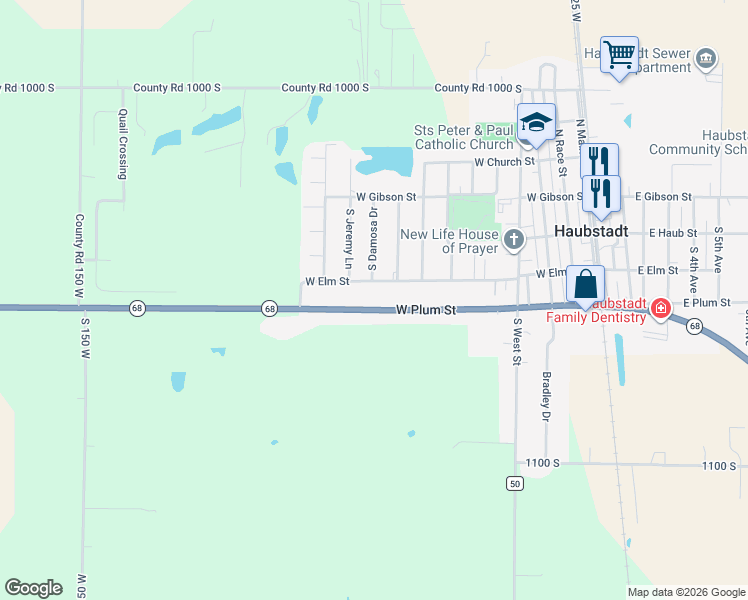 map of restaurants, bars, coffee shops, grocery stores, and more near 900-998 West Elm Street in Haubstadt