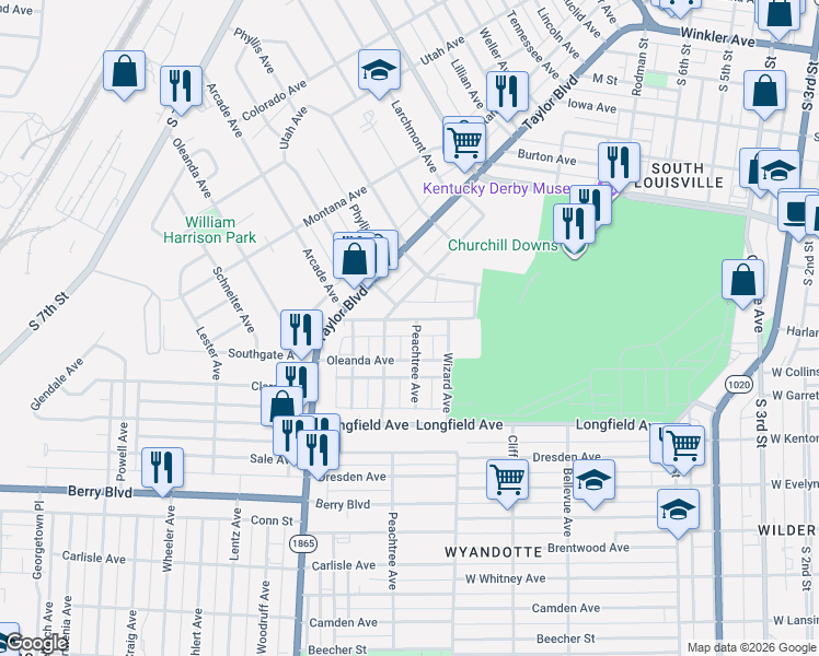map of restaurants, bars, coffee shops, grocery stores, and more near 1059 Queen Avenue in Louisville