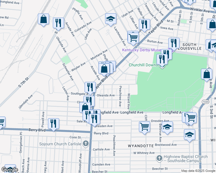map of restaurants, bars, coffee shops, grocery stores, and more near 1208 Queen Avenue in Louisville