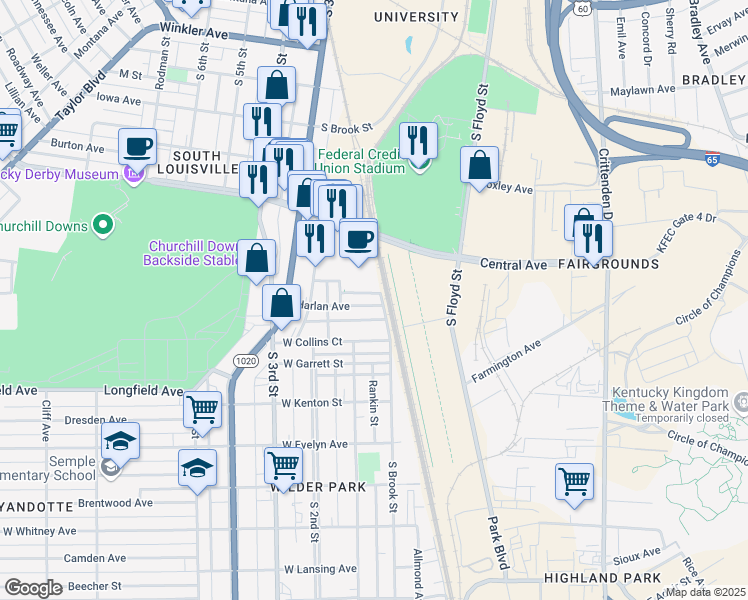 map of restaurants, bars, coffee shops, grocery stores, and more near 107 Harlan Avenue in Louisville