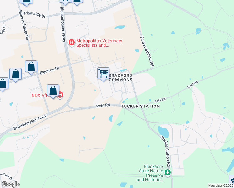 map of restaurants, bars, coffee shops, grocery stores, and more near 25 Redspire Drive in Louisville