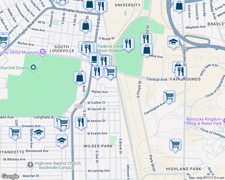 map of restaurants, bars, coffee shops, grocery stores, and more near 115 Harlan Avenue in Louisville