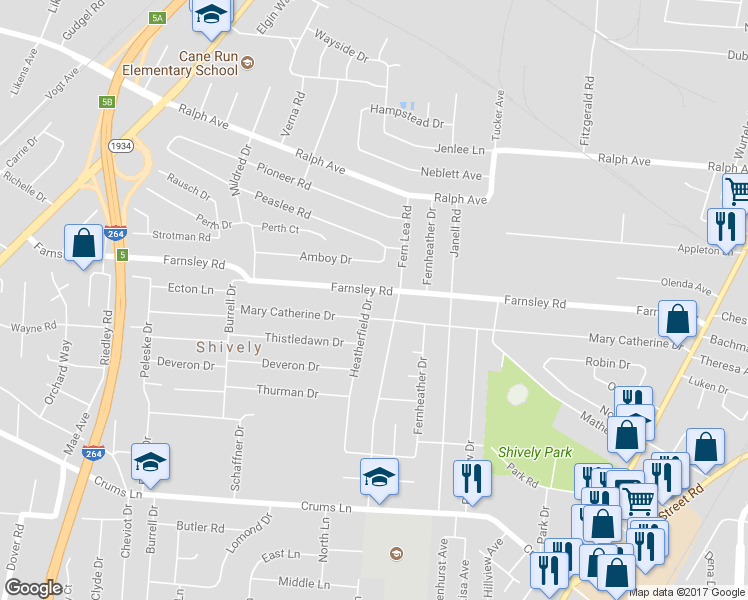 map of restaurants, bars, coffee shops, grocery stores, and more near 2104 Farnsley Road in Louisville